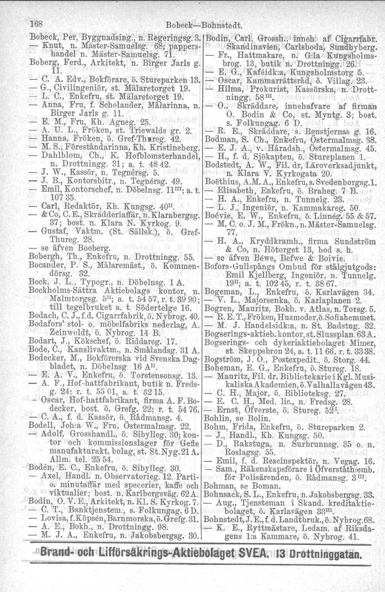 168 BobeekeBohnstedt. Bobeck, Per, Byggnadsing., n. Regeringsg:3. Bodin,' Carl\ Grossh., in'neh(~all Cikar:rfabr. Knut, n. MästerSamuelsg, 68; pappers 'Skandinavien, 'earlsb'oda~ Sunubyberg. handel n.