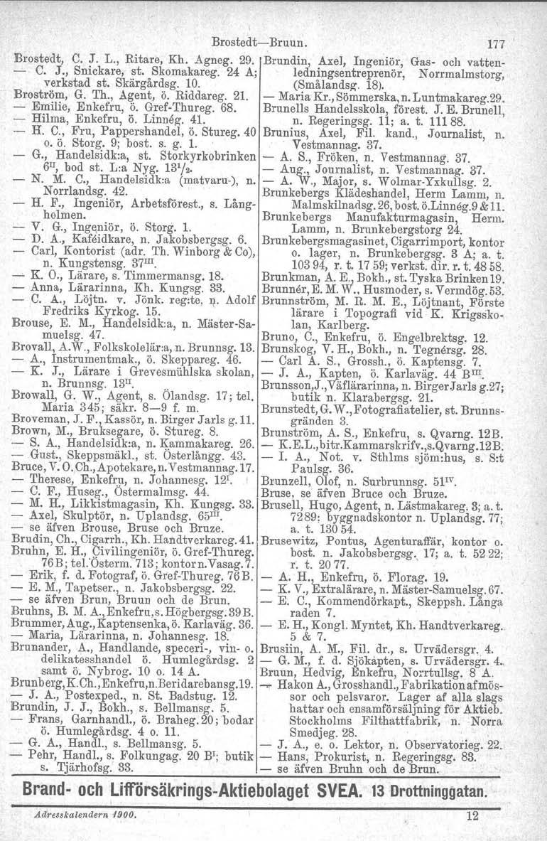 BrostedtBruun. 177 Brostedt, C. J. L., Ritare, Kh. Agneg. 29. Brundin, Axel, Ingeniör, Gas och vatten C. J., Snickare, st. Skomakareg. 24 A; ledningsentreprenör, Norrmalmstorg, verkstad st.