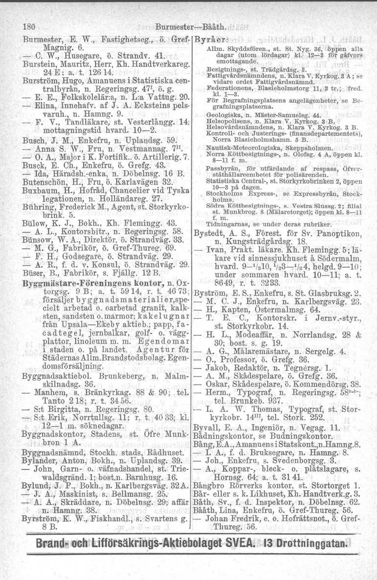 180 B.urmesterBååth. Burmester, E. W., Fastighetseg., ö. Gref Byråer: [ I l, 1< Magnig. 6. Allm. Skyddsi6ren., st. St. Nyg. 36, ÖpJ;len alla C. W., Husegare, Ö. Strandv. 41. dagar (ntom lördagar) kl.