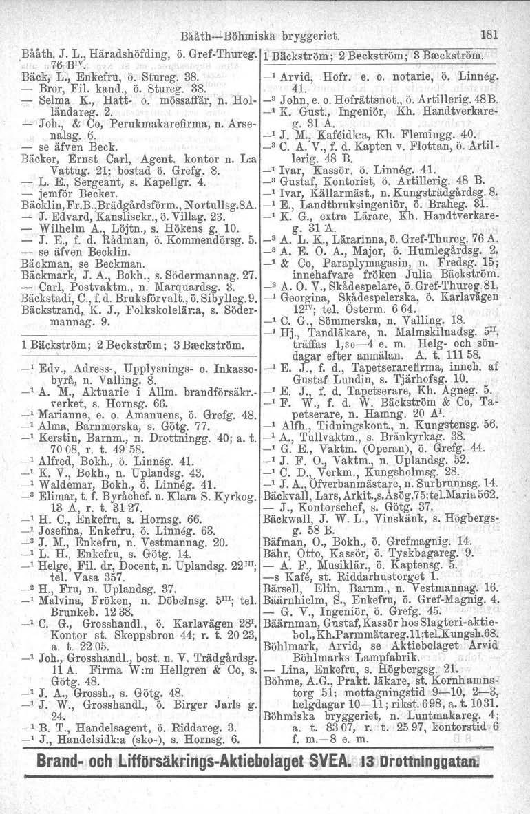 BååthBöhmiska bryggeriet. 181 Bååth, J. L., Häradshöfding, ö. Gref Thureg. l Bäckström; 2 Beckström ; 3 Breckström.. 76.'B1V. Bäck, L., Enkefru, ö. Stureg. 38. _1 Arvid, Hofr. e. o. notarie, ö.