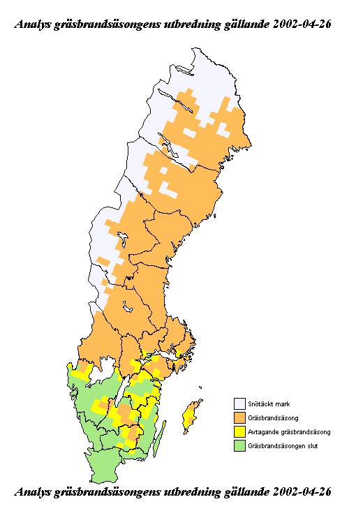 .4 Kartpresentation av gräsbrandssäsongen Beräkningen av temperatursumman har under gjorts i realtid för hela Sverige i grid-storleken km.