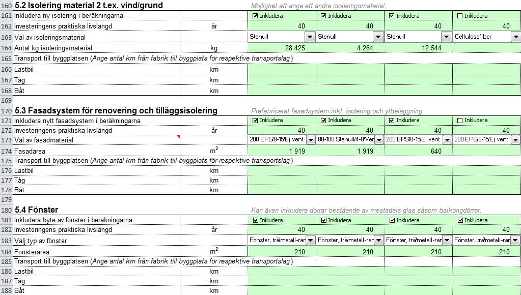 Indata till miljöverktyget Energisystem Ändring i energianvändning Isolering, fönster och