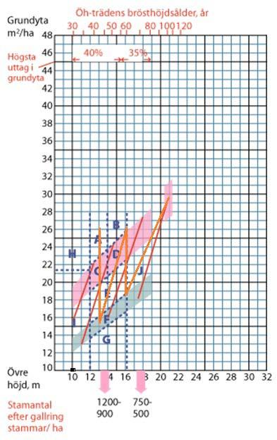 Beståndet var eftersatt vid period noll enligt Skogsstyrelsens gallringsmall (figur 4). Gallringarna skedde enligt tabell två och slutavverkning skedde enligt rekommendation. Figur 4.