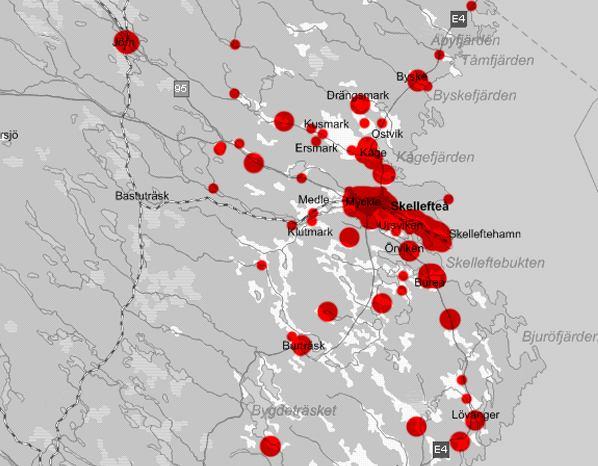 Figur 2 Geografiska utbredningen, polisanmälda narkotikabrott i Skellefteå Kommun (2005 2008) Kartan visar den sammanlagda geografiska utbredningen av polisanmälda narkotikabrott i Skellefteå Kommun