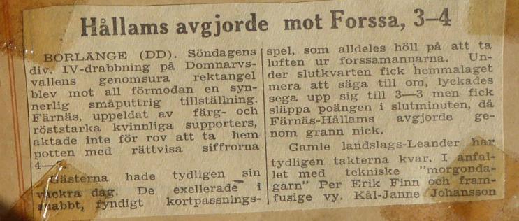 Färnäs slog Forssa i chansartad match. Forssa BK-Färnäs SK 3-4, Reportage från tidningsartikel. (Omg 9).