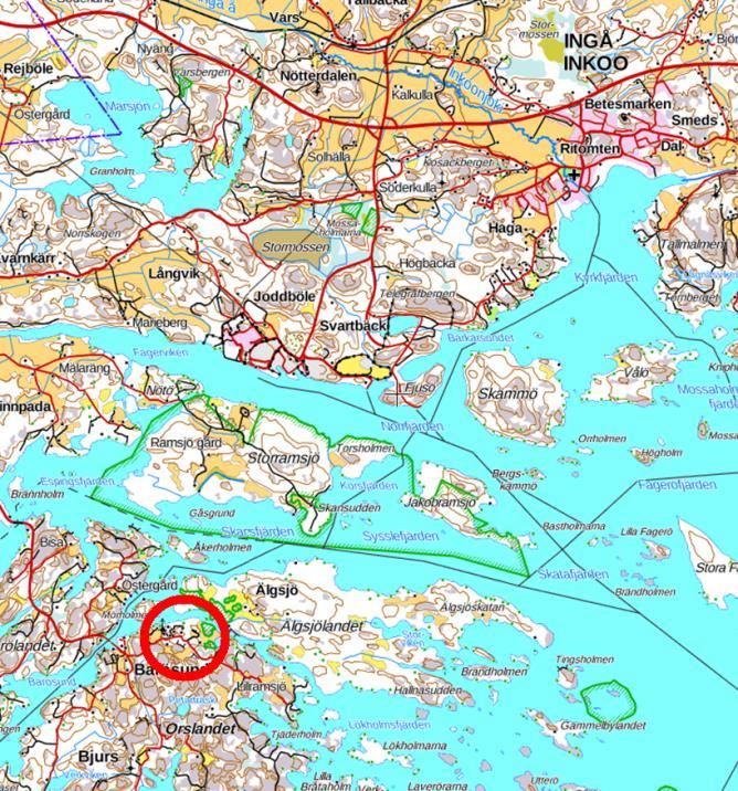 2(9) 4. Planeringsområde Planeringsområdets läge Området omfattar fastigheten Rövass RNr 1:115 (149-458-1-115) på Orslandet i Ingå.