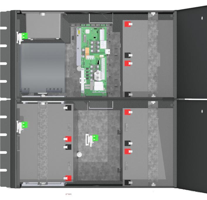 Inkoppling av extra batteribox Det är möjligt att koppla till extra batteriboxar för utökad reservdrifttid. Kabelgenomföring finns i enhetens undersida och skall brytas loss innan montering.