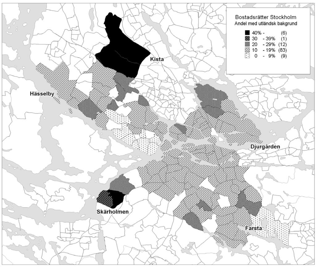 KARTA 1 Segregationen inom äganderättsbeståndet i Stockholm 2002.