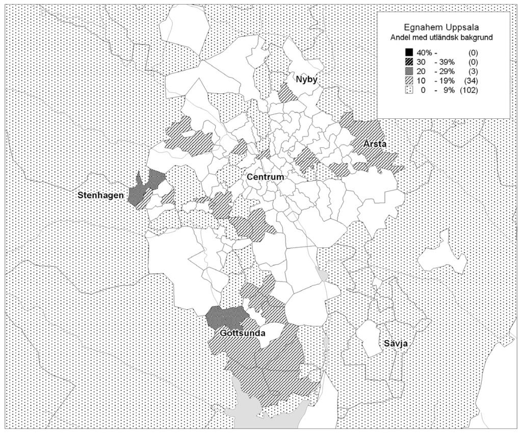 KARTA 5 Segregationen inom äganderättsbeståndet i Uppsala 2002. källa: GeoSweden02, Institutet för bostads- och urbanforskning, Uppsala universitet. Kartsegment: Röda Kartan.