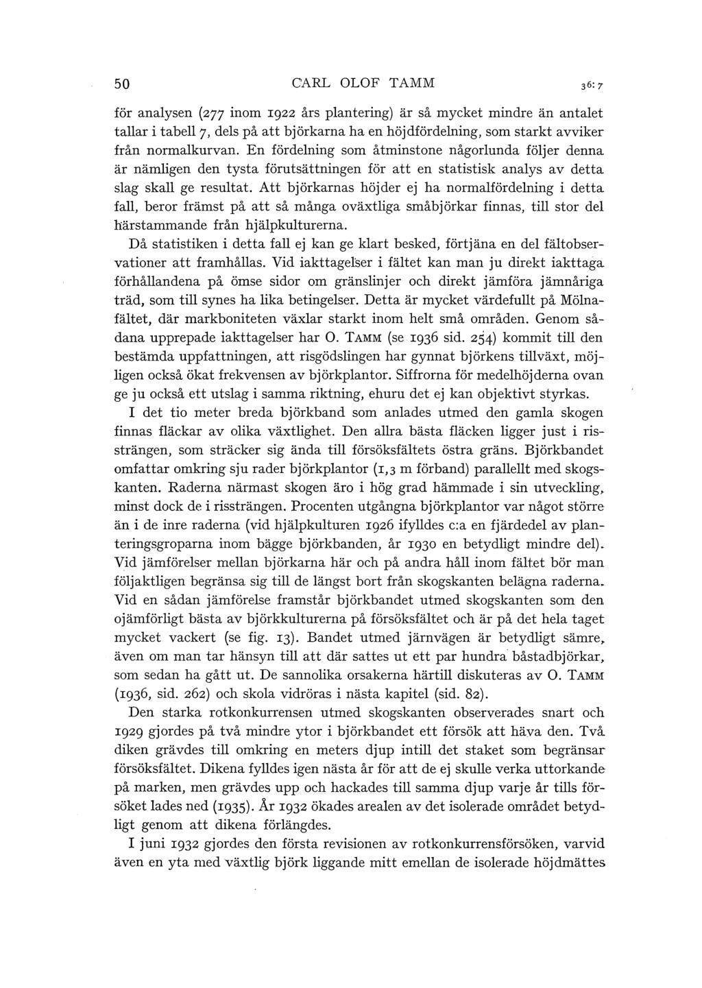 50 CARL OLOF TAMM för anaysen (277 inom 1922 års pantering) är så mycket mindre än antaet taar i tabe7, des på att björkarna ha en höjdfördening, som starkt avviker från normakurvan.