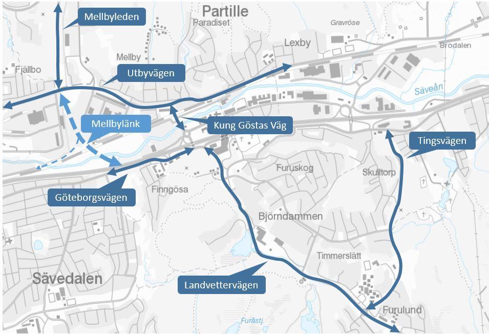 Figur 8 Översiktsbild väglänkar med framtagna flöden enligt systemanalys Trafikflöden Mellbylänk Mellbylänken, en förlängning av den befintliga vägen Mellbyleden, med ny trafikplats kopplat till E20