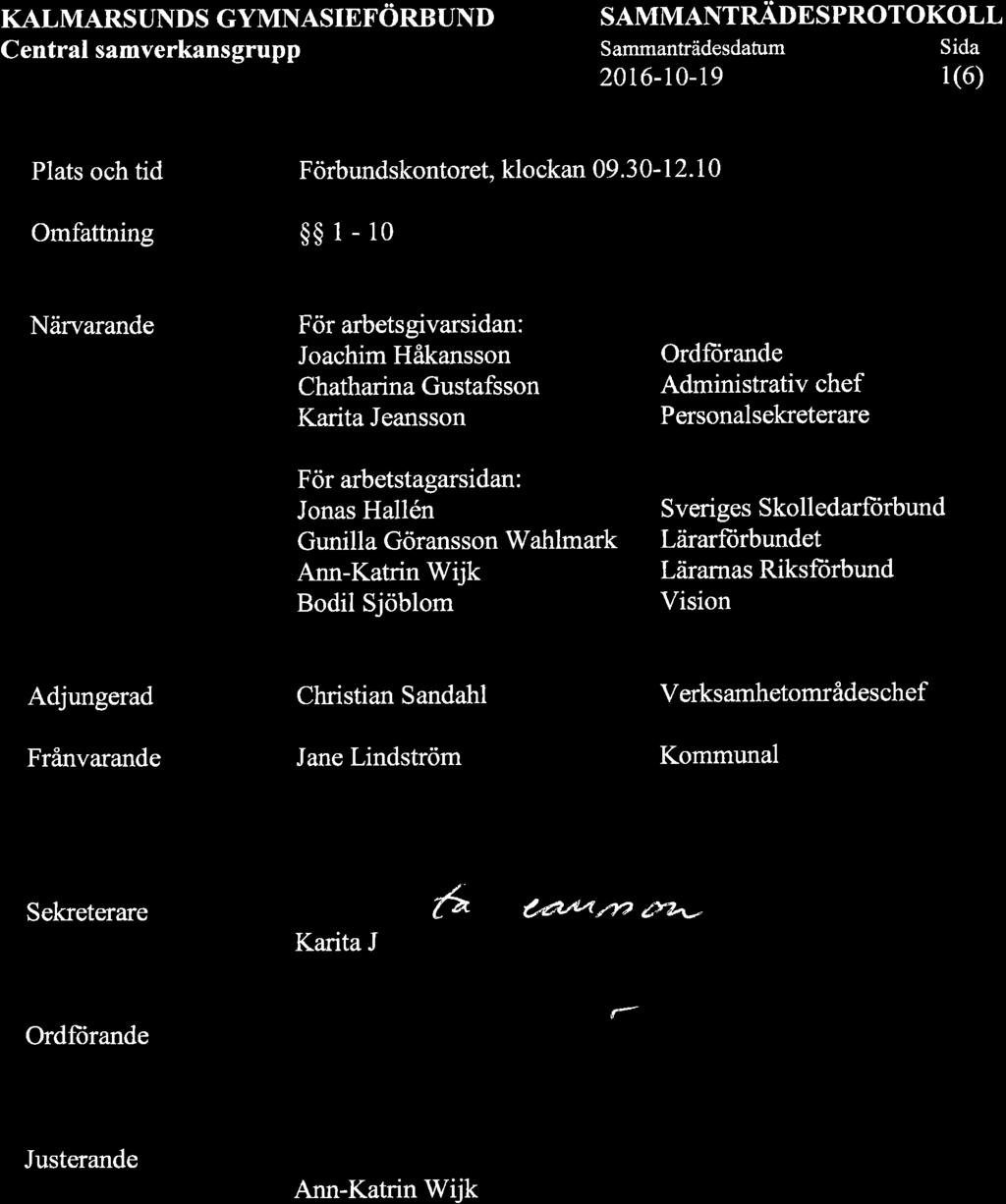 KALMARSUNDS GYMNASIEFÖRBUND Central samverkansgrupp SAMMANTRADESPROTOKOLL Sammanträdesdatum Sida 2016-10-19 1(6) t Plats och tid Omfattning Förbundskontoret,