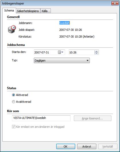 Schemalägga en backup Jobb Gör så här för att redigera ett jobb: 1. Klicka på någon av menyikonerna Jobb eller Kalender. Nu visas antingen fönstret Jobb eller Kalender.