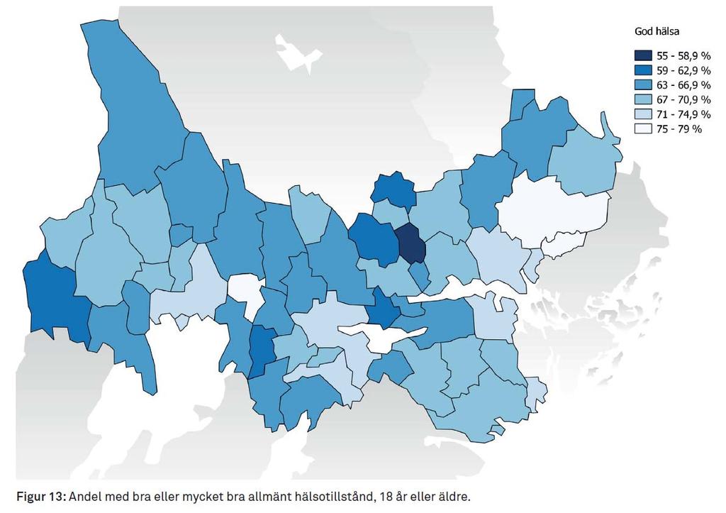 Lokala skillnader i hälsa I de kommuner som uppvisar bäst hälsa är det över