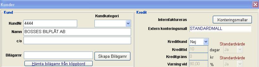 När mallen har skapats visas alla tillgängliga radtyper/konton. Bocka för radtyp R1 (= Reservdelar till Plåtverkstäder), därefter stäng.