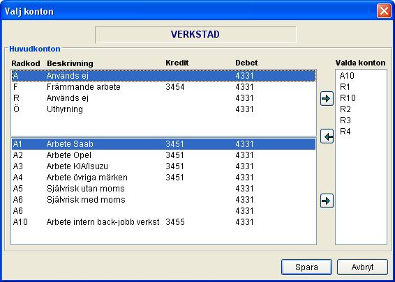 I exemplet ovan skapas en konteringsmall genom att: Markerat huvudkonto A och underkonto A10= Arbete backjobb verkstaden och flyttat A1 till Valda konton med den undre gröna pilen till höger.