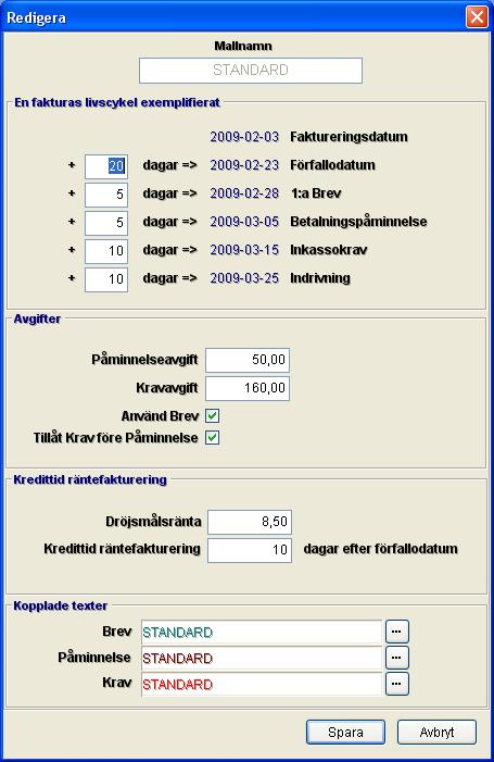 På standard mallen kan namnet inte ändras eller mallen tas bort.