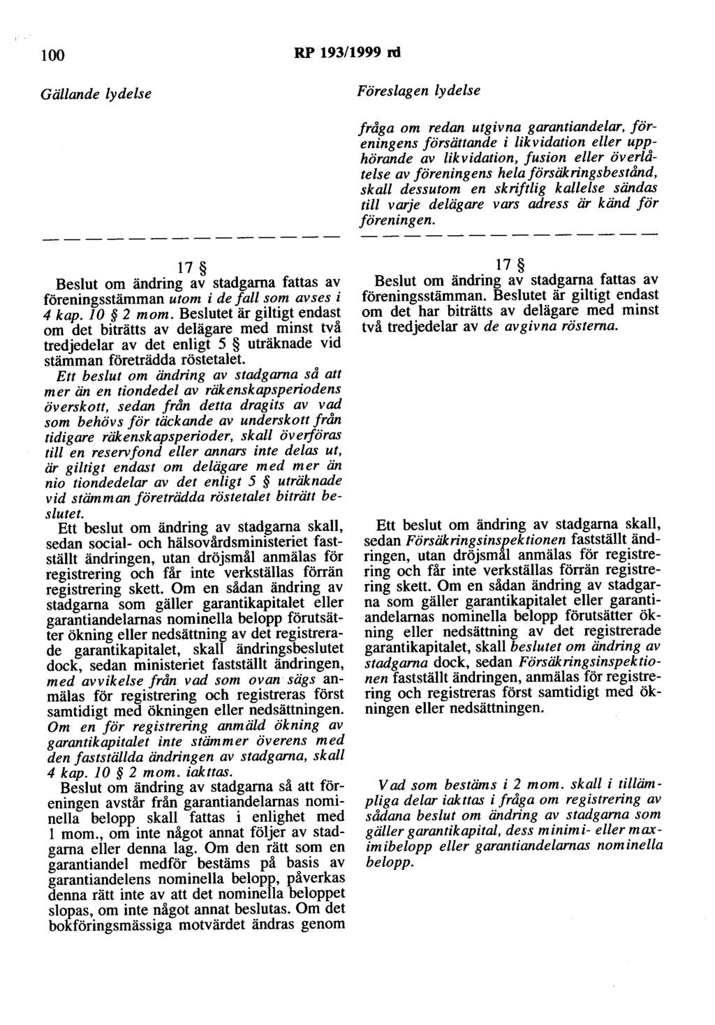 100 RP 193/1999 rd fråga om redan utgivna garantiandelar, föreningens försättande i likvidation eller upphörande av likvidation, fusion eller överlåtelse av föreningens hela försäkringsbestånd, skall