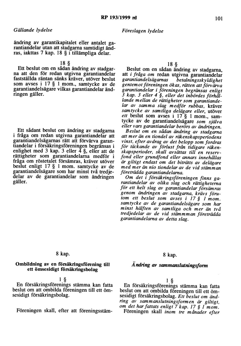 RP 193/1999 ni 101 ändring av garantikapitalet eller antalet garantiandelar utan att stadgarna samtidigt ändras, iakttas 7 kap. 18 i tillämpliga delar.