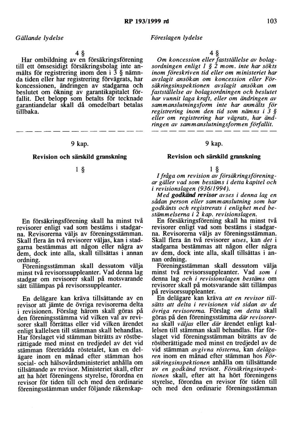 RP 193/1999 rd 103 4 Har ombildning av en försäkringsförening till ett ömsesidigt försäkringsbolag inte anmälts för registrering inom den i 3 nämnda tiden eller har registrering förvägrats, har