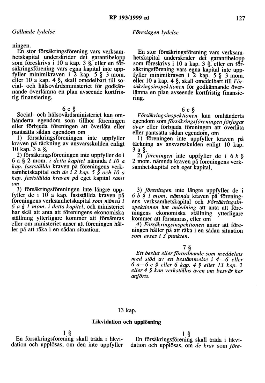 RP 193/1999 ni 127 ningen. En stor försäkringsförening vars verksamhetskapital underskrider det garantibelopp som föreskrivs i 10 a kap.