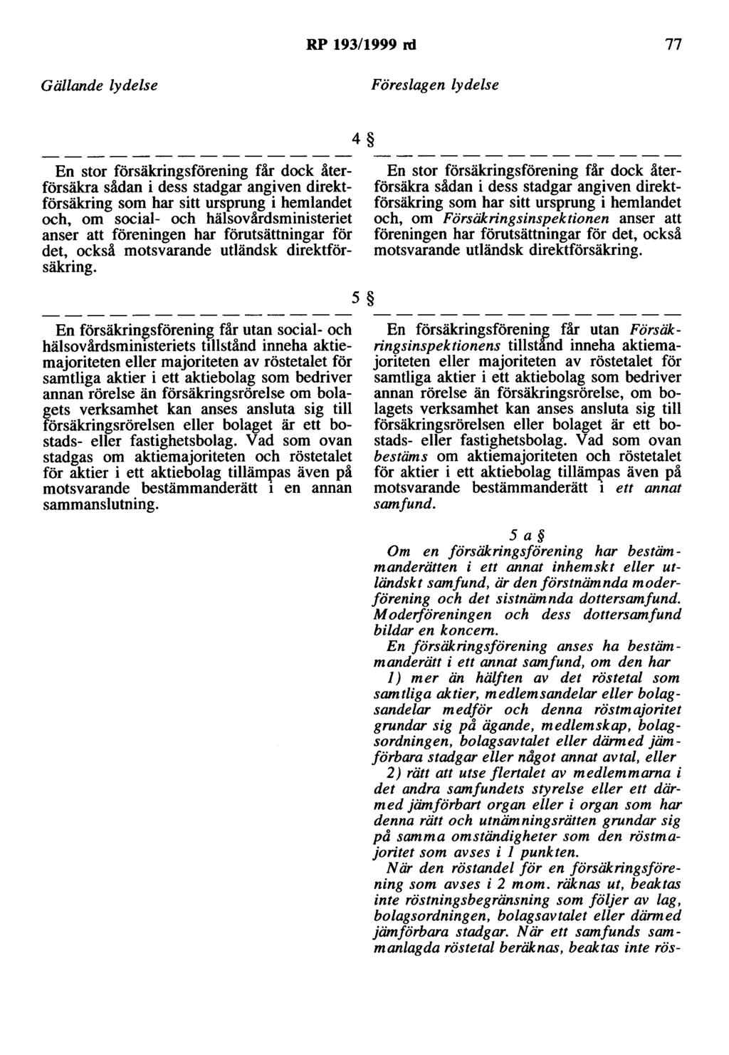RP 193/1999 rd 77 4 En stor försäkringsförening får dock återförsäkra sådan i dess stadgar angiven direktförsäkring som har sitt ursprung i hemlandet och, om social- och hälsovårdsministeriet anser