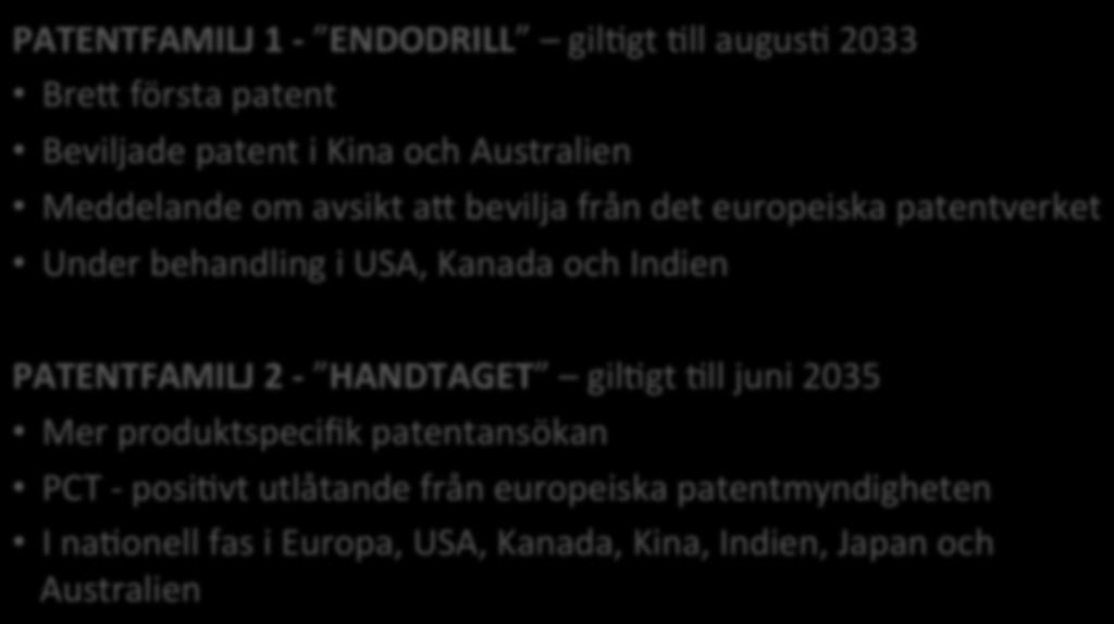 det europeiska patentverket Under behandling i USA, Kanada och Indien PATENTFAMILJ 2 - HANDTAGET gilggt Gll juni 2035 Mer produktspecifik