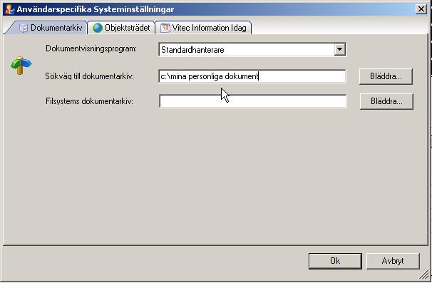 Det finns även möjlighet för enskilda användare att ändra dessa inställningar så att de kan använda en alternativ sökväg till dokumentarkivet. Detta görs under Verktyg/Användarinställningar.