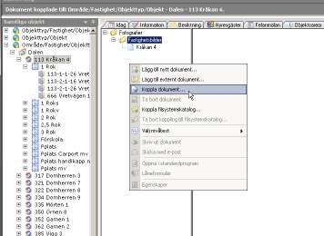 Det finns två olika alternativa arbetsgångar för att koppla ett dokument. I denna flik kan man sedan högerklicka i vänstra panelen för att få upp menyn som visas i bilden ovan.