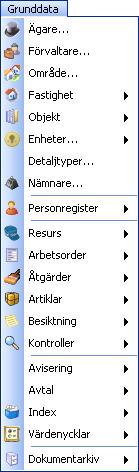 Grunddata Översikt All grunddata återfinns i menyn Grunddata, bilden nedan visar de typer av grunddata