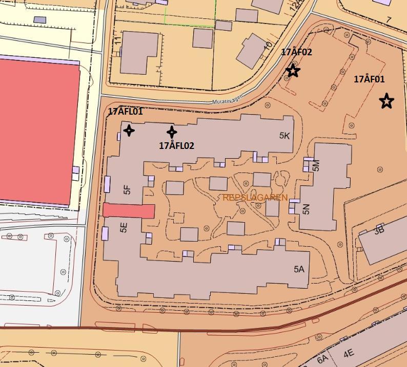 RAPPORT Figur 2. Karta med provtagningspunkternas ungefärliga placering; provtagning av inomhusluft (17ÅFL01-02) och grundvatten i befintliga grundvattenrör (17ÅF01-02). Källa: FABO 6.