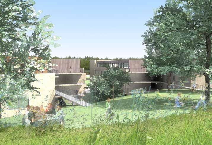 Utmed långsidorna placeras en förhöjd terrass, höjd ca 40 cm för att värna studentbostäderna på entrévåningen från insyn Byggnaden formar ett gemensamt gårdsrum med hus 11, genom att motstående