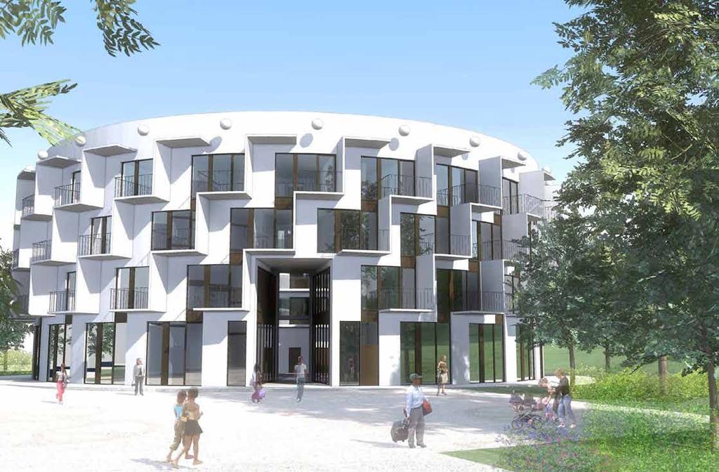Entréplan skala 1:500 Hus 16 Byggnaden längst i norr ges en cirkelformad plan med en öppen innergård som nås genom en tvåvåningsportik som öppnar sig mot sydost.