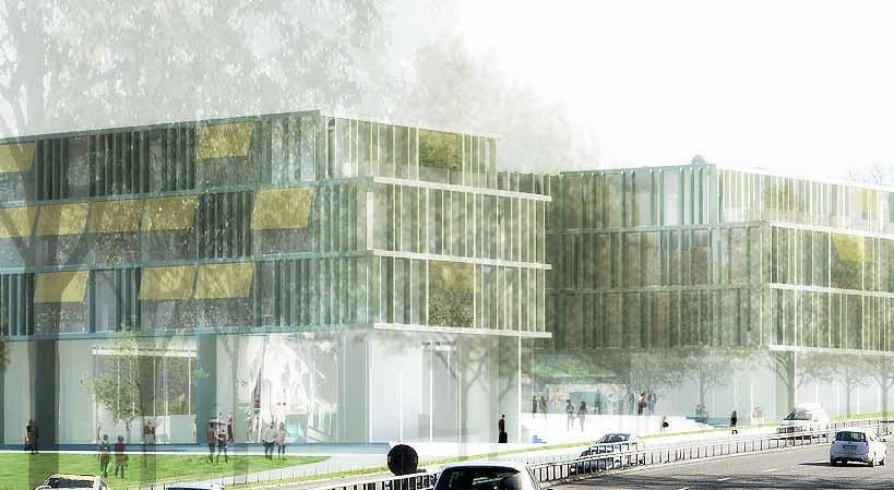 Gestaltning Byggnadernas entré- och souterrängvåningar är transparenta med glasade fasader.