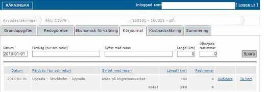 4.5 Körjournal Här fyller du i din körjournal för perioden. Reseersättningen utbetalas i enlighet med Skatteverkets riktlinjer. Vill du ändra på en rad klickar du på Redigera.