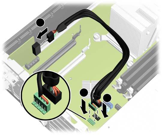 11. Kabeln som medföljer kortet har en kontakt i ena ändan och två i den andra.dual connectors on the other end. Anslut ändan med en kontakt till kortets baksida (1).