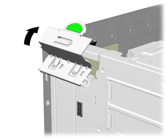 10. Om du vill installera ett nytt DisplayPort-expansionskort håller du kortet ovanför DisplayPortsocketen på moderkortet och flyttar sedan kortet mot baksidan av chassit (1) så att fästet på kortet