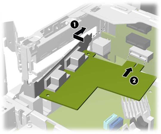 14. Det nya riserkortet installeras genom att trycka ner det ordentligt i riserkortplatsen på moderkortet (1) och ansluta huvsensorkabeln till huvsensorkontakten på moderkortet (2).