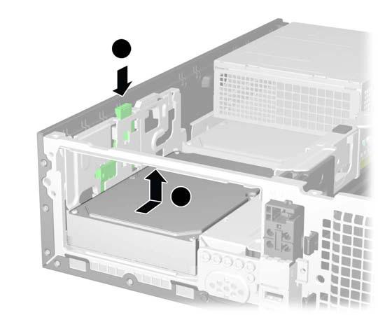 2. Koppla bort strömkabeln (1) och datakabeln (2) från hårddiskens baksida. Bild 2-57 Koppla ur den sekundära hårddiskens ström- och datakablar 3.