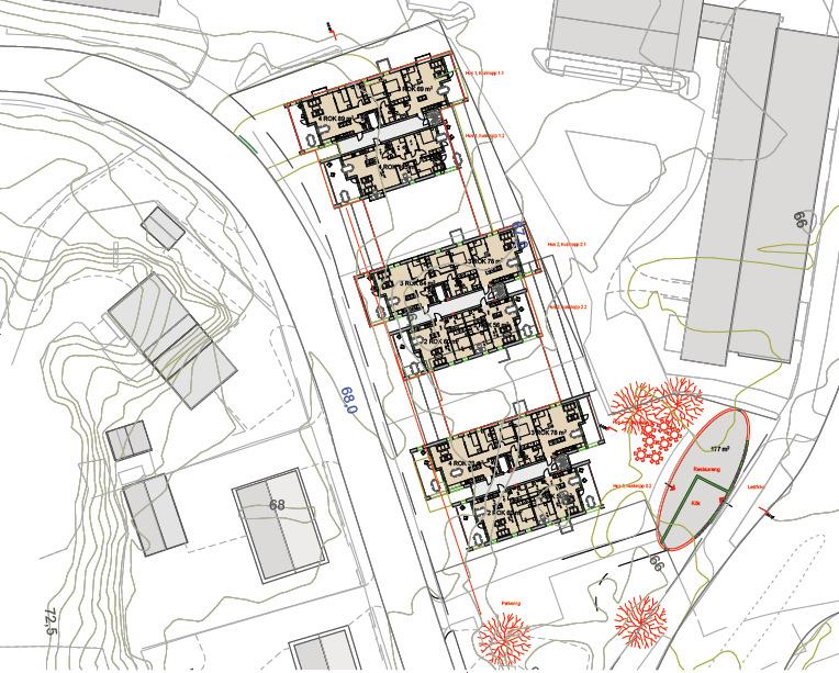 Elipsformad byggnad (Oliven) Beräkning visar att bostadsfasader mot syd erhåller ekvivalenta ljudnivåer som överskrider 60 dba.