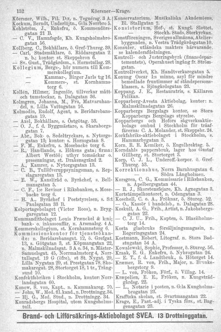 k 152 Köersner- Krage. Köersner. Wilh., Fil: D:r, n. 'I'egnersg, 3 A. Konservatorium, Musikaliska Akademiens, Kockum, Berndt, Underlöjtn., G:la Norrbro 5. Bl. Stallgatan 2. Kohlström, J., Enkefru, ö.