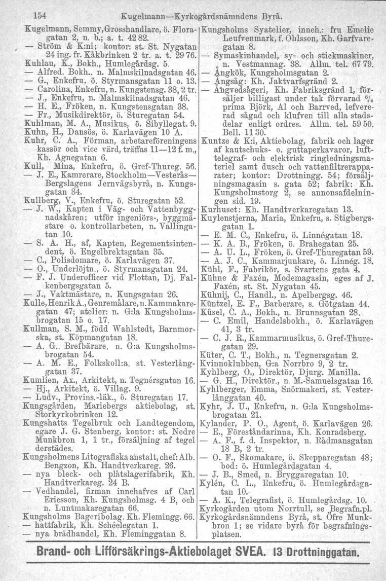 154 Kugelmann-Kyrkogårdsnämndens Byrå. Kugelmann, Semmy,Grosshandlare, ö. Flora- Kungsholms Syatelier, inneh.: fru Emelie gatan 2, n. b., a. t. 4282. Leufvenmark, f. Ohlsson, Kh.