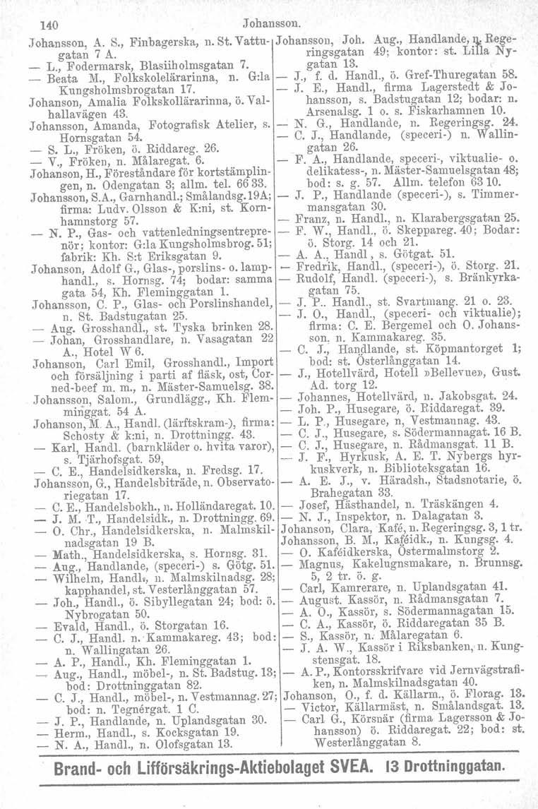140 Johansson. Johansson, A. S., Finbagerska, n. St. Vattu- Johansson, Joh. Aug., Handlande, 11: Regegatan 7 A. ringsgatan 49; kontor: st. Lilla Ny- _ L., Fodermarsk, Blasiiholmsgatan 7. gatan 13.