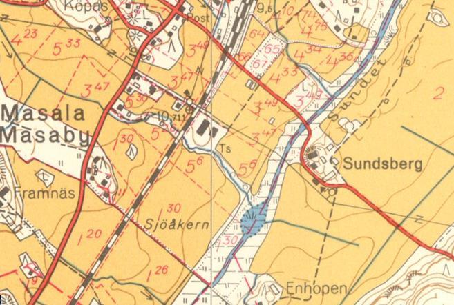 Utdrag ur grundkarta över Masabyområdet från 1961 (Lantmäteriverket 2016).