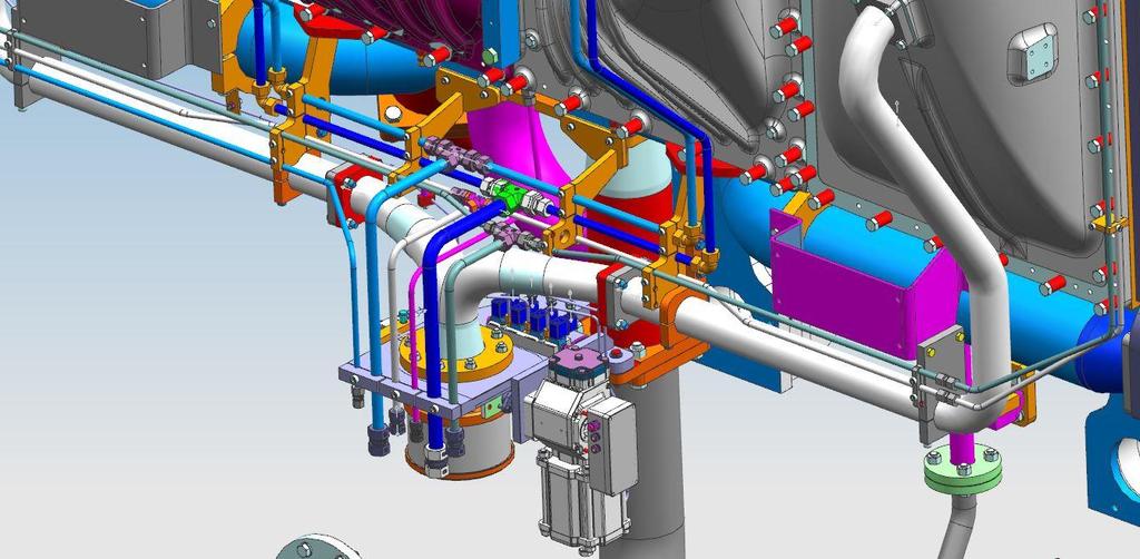 Figur 2 nedan visar en 3D-sammanställning i Siemens NX med den nuvarande konstruktionen och några av de närliggande