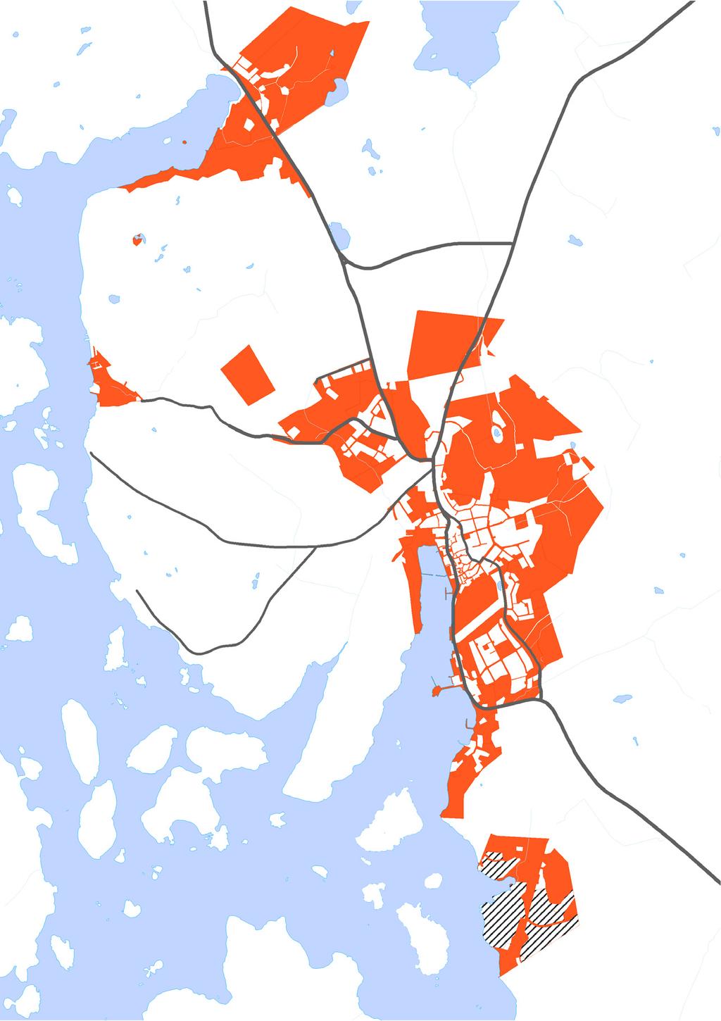 Markägoförhållanden Kommunens markinnehav framgår av följande illustration: Mörka ytor är kommunal mark (landområden), rastrerade områden är upplåtna med tomträtt och övriga områden är privatägda.