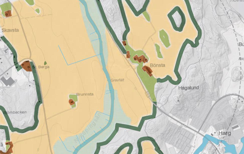 Figur 30 Karta över Bönsta och Brunnsta där ängs- och hagmark är markerad med ljusgrönt.