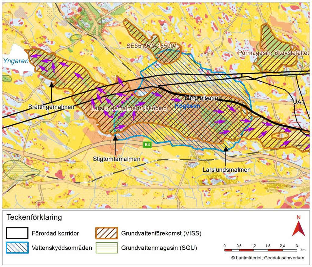 Figur 9 Hydrogeologisk karta med förordad korridor för Ostlänken samt korridorer för alternativen för bibana till Nyköping, lång bibana och UA1 och dess lokalisering i förhållande till