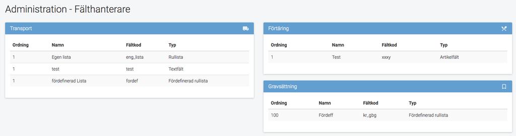 FÄLTHANTERARE - ADMINISTRATION Genom att klicka på Fälthanterare menyvalet i menyn så kommer ni till en vy där ni kan skapa, redigera och ta bort de fält som visas i fälthanteraren.