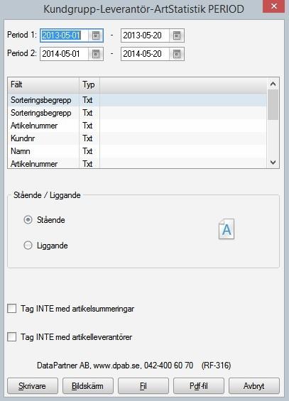 Kundgrupp - Lev - Artikelstatistik Rapporten tar fram artikelnummer inom samma sorteringsbegrepp och visar därefter antal och omsättning jämfört